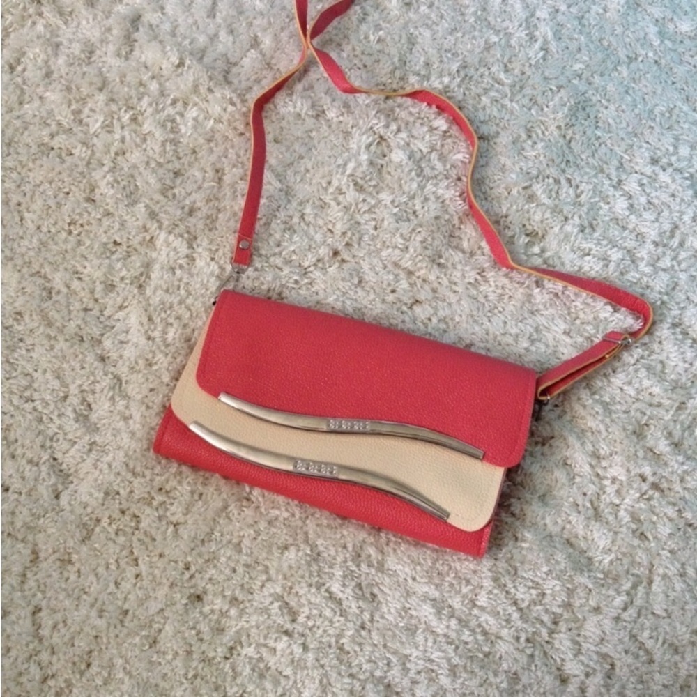 Coral and tan Dual tone crossover Clutch bag